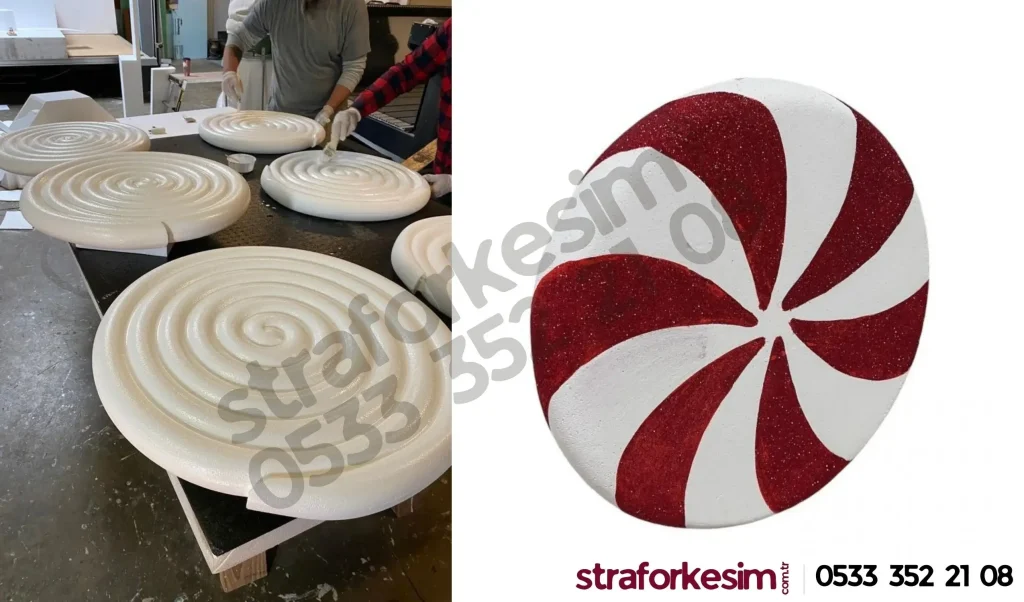 yılbaşı yuvarlak şeker dekoru strafor köpükten üretilmiştir